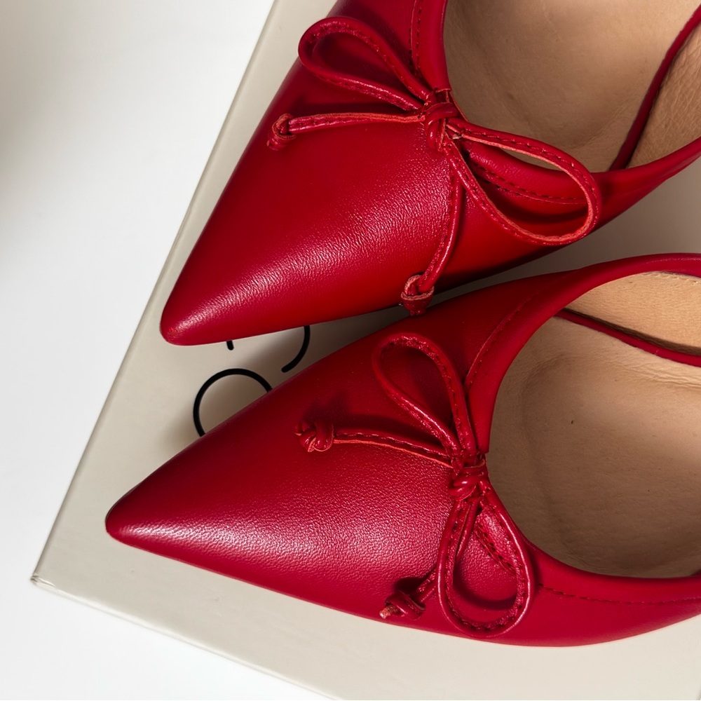 Red leather ballet mules with pointed toe, size 6.5